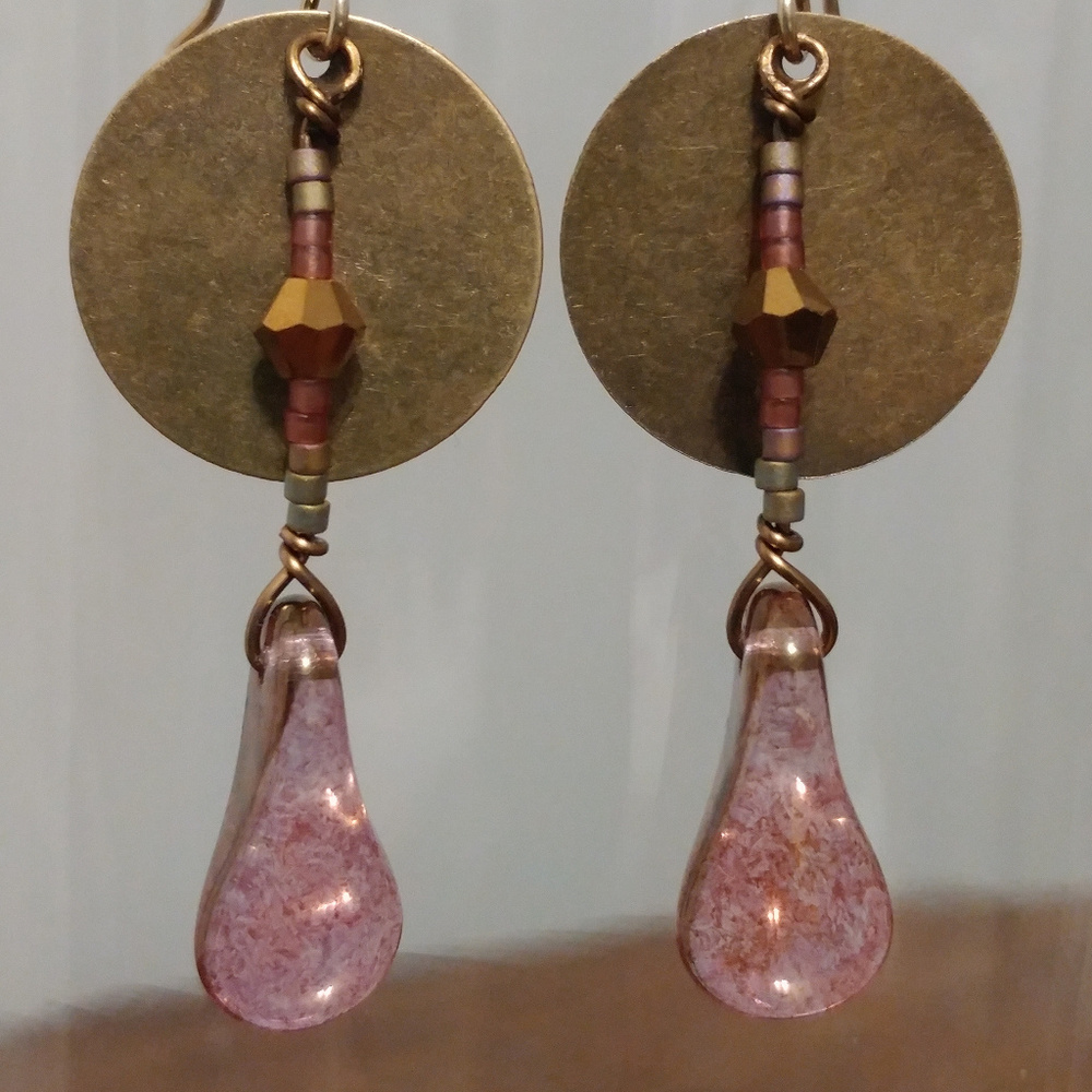 Boho Bronze Pink Glass Bead Brass Circle Earrings